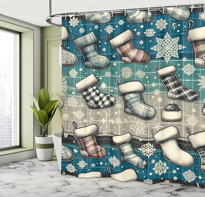 Ambesonne Christmas Shower Curtain, Cold Greenish Detail Xmas Stocking with Tartan Lines and Snowflakes, Cloth Fabric Bathroom Decor Set with Hooks, 69" W x 84" L, Blue Dark Grey Off White