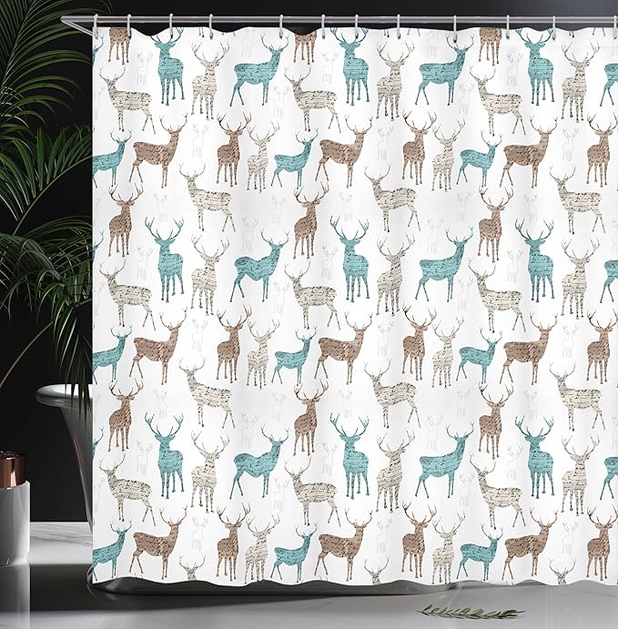 Ambesonne Deer Shower Curtain, Animals with Old Text Pattern Christmas Theme Vintage Inspired Illustration, Cloth Fabric Bathroom Decor Set with Hooks, 69" W x 70" L, Turquoise Beige