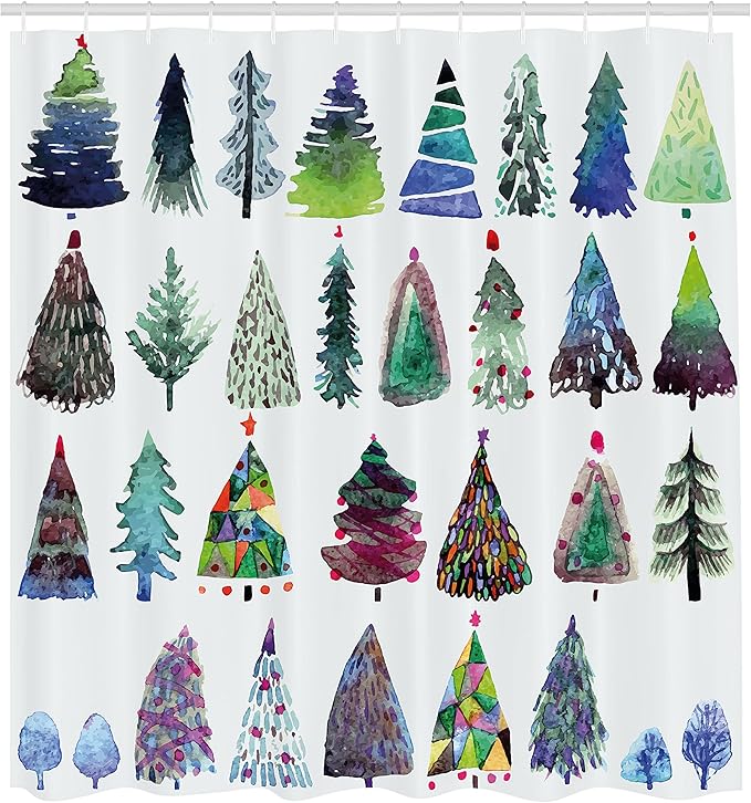 Ambesonne Christmas Shower Curtain, Watercolor Christmas Theme Fir Trees Artistic Abstract Silhouettes Illustration, Cloth Fabric Bathroom Decor Set with Hooks, 69" W x 70" L, Green Purple