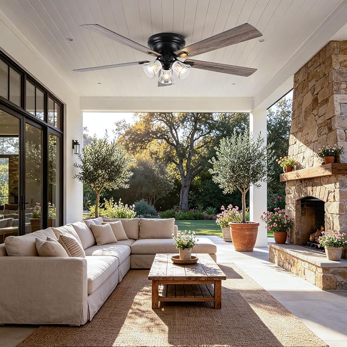 60'' Flush Mount Ceiling Fan with Light and Remote Control | 3 Clear Seeded Glass Light Fixtures,6 Speed Reversible DC Motor,Ceiling Fan with Light forCovered Porch Great Room Villa