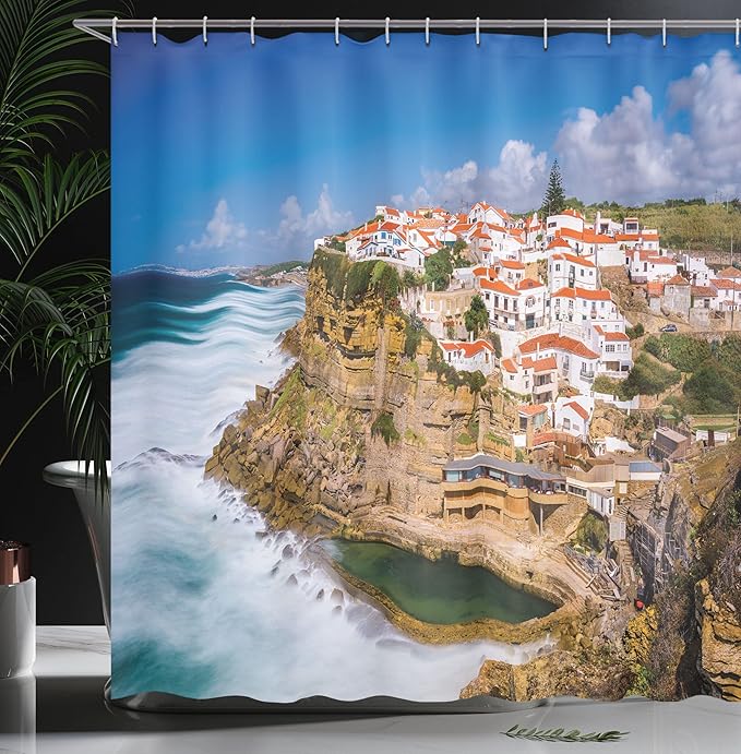 Ambesonne European Shower Curtain, Portugal Seaside on The Cliffs with Sky View Mediterranean Ocean Village Europe, Cloth Fabric Bathroom Decor Set with Hooks, 69" W x 70" L, Beige Blue