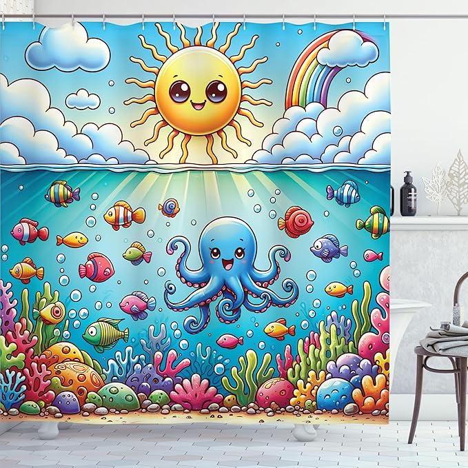 Ambesonne Ocean Shower Curtain, Nautical Happy Sun Octopus and Fish Characters with Cloudy Sea Scenery, Cloth Fabric Bathroom Decor Set with Hooks, 69" W x 84" L, Mustard Blue Multicolor
