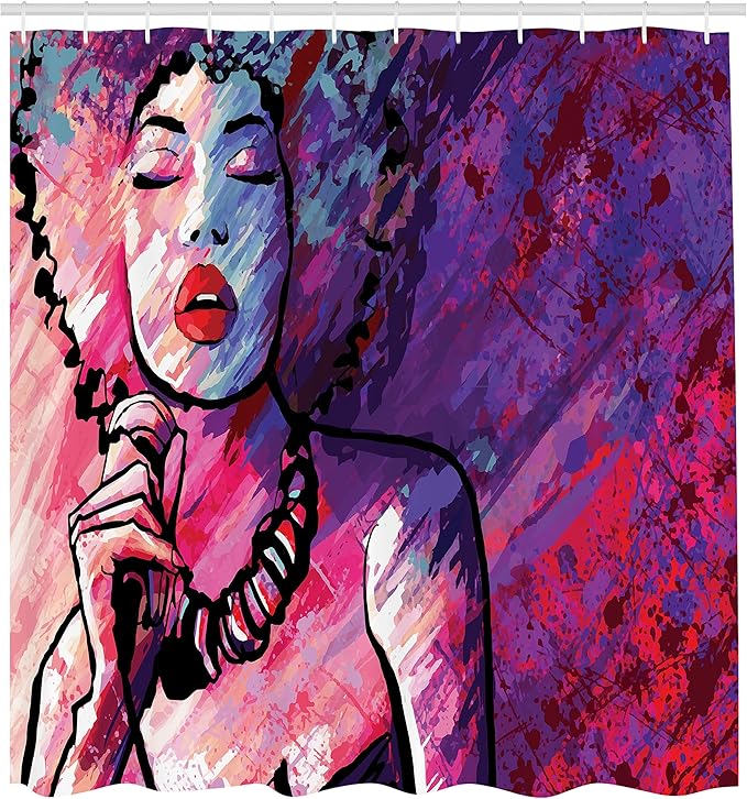 Ambesonne Grunge Shower Curtain, Jazz Singer Performing with a Microphone on Grunge Background Illustration Print, Cloth Fabric Bathroom Decor Set with Hooks, 69" W x 70" L, Purple Red