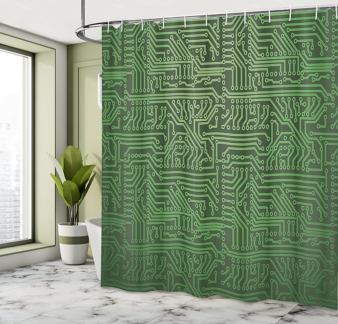 Ambesonne Digital Shower Curtain, Computer Art Backdrop with Circuit Board Diagram Hardware Wire Illustration, Cloth Fabric Bathroom Decor Set with Hooks, 69" W x 84" L, Fern Green