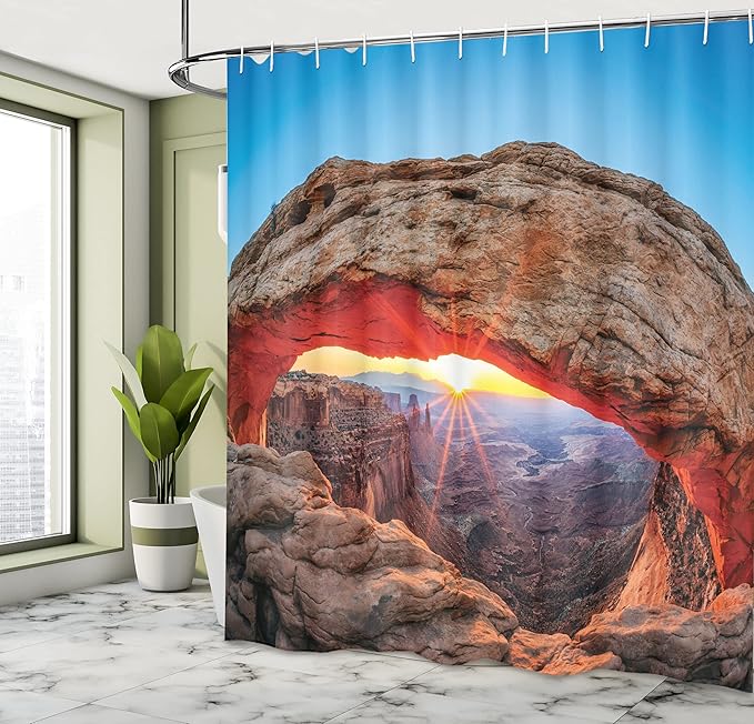 Ambesonne USA Shower Curtain, Famous Sunrise at Mesa Arch in Canyonlands National Park, Utah, USA, Cloth Fabric Bathroom Decor Set with Hooks, 69" W x 70" L, Pale Brown Sky Blue
