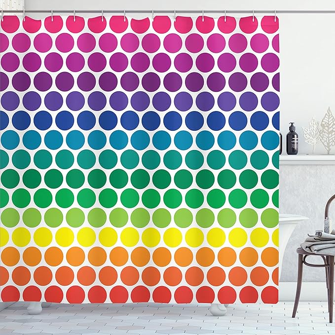 Ambesonne Polka Dots Shower Curtain, Illustration of Rainbow Colored Dots Big Circles Spots Theme Print, Cloth Fabric Bathroom Decor Set with Hooks, 69" W x 70" L, Navy Pink