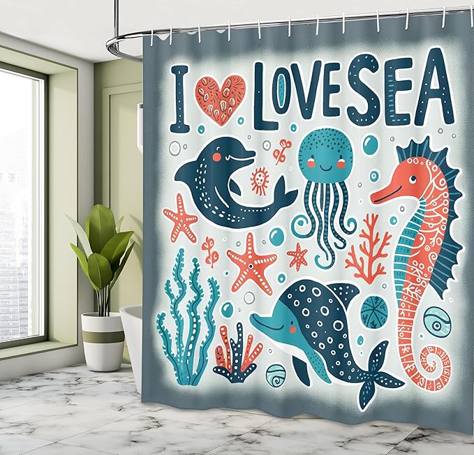 Ambesonne Nautical Shower Curtain, I Love Sea Lettering Happy Ocean Scenario Seahorse Dolphin Jellyfish Funny, Cloth Fabric Bathroom Decor Set with Hooks, 69" W x 84" L, Blue Coral Coconut