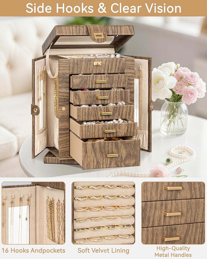 AKOZLIN 6-Tier Jewelry Box Organizer Functional 5 Drawers Leather Jewelry Storage Case for Women Girls Ring Necklace Earring Bracelet Holder Organizer with Mirror Wood Grain 360° Rotating