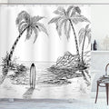 Ambesonne Surf Shower Curtain, Seascape with Coconut Tree and Surfboard on The Sand Summer Time Exotic Island Sketch, Cloth Fabric Bathroom Decor Set with Hooks, 69" W x 75" L, White and Black