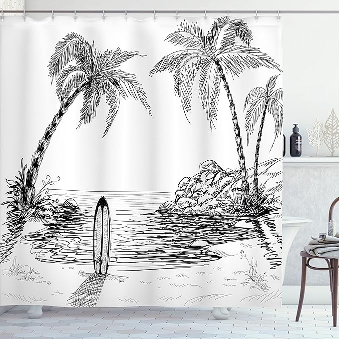 Ambesonne Surf Shower Curtain, Seascape with Coconut Tree and Surfboard on The Sand Summer Time Exotic Island Sketch, Cloth Fabric Bathroom Decor Set with Hooks, 69" W x 75" L, White and Black