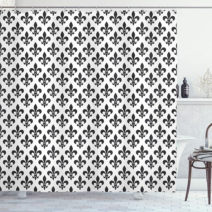 Ambesonne Fleur De Lis Shower Curtain, Silhouette Pattern of Fleur-de-Lis Classics Middle Ages Style Design, Cloth Fabric Bathroom Decor Set with Hooks, 69" W x 70" L, Black and White
