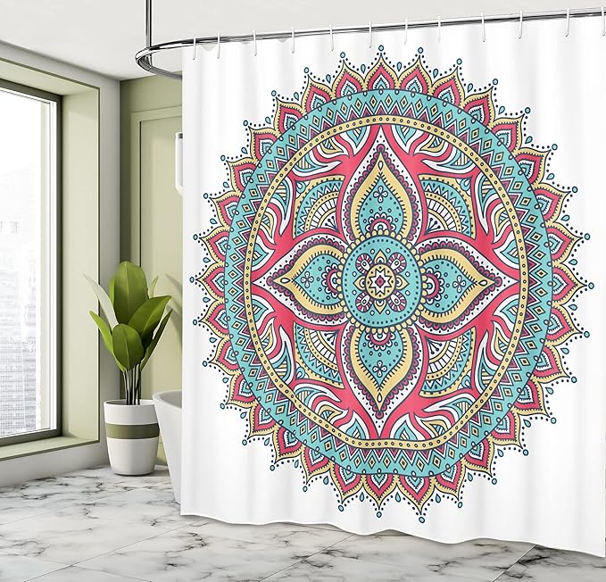 Ambesonne Mandala Shower Curtain, Round Pattern with Bohemian Floral Nature Theme Style Illustration, Cloth Fabric Bathroom Decor Set with Hooks, 69" W x 70" L, Pink Navy