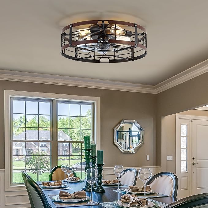 ZYD 20" Caged Ceiling Fan with Light, Farmhouse Cieling Fan with Quiet DC Motor, Rustic Metal Cage with Wood Grain Accent, Ideal for Bedroom, Living Room, Kitchen, Dining Room, Cafés, Restaurants