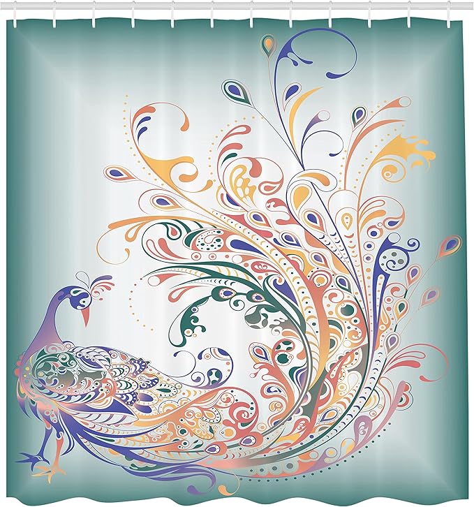 Ambesonne Abstract Shower Curtain, Peacock Bird Tail Feathers Plume Paisley Pattern Ornamental Design, Cloth Fabric Bathroom Decor Set with Hooks, 69" W x 70" L, Pale Petrol