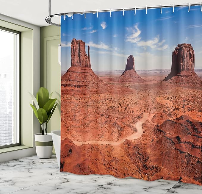 Ambesonne Western Shower Curtain, American Desert Arizona Canyon Monuments Valley National Park Wild West Theme, Cloth Fabric Bathroom Decor Set with Hooks, 69" W x 75" L, Cinnamon Blue