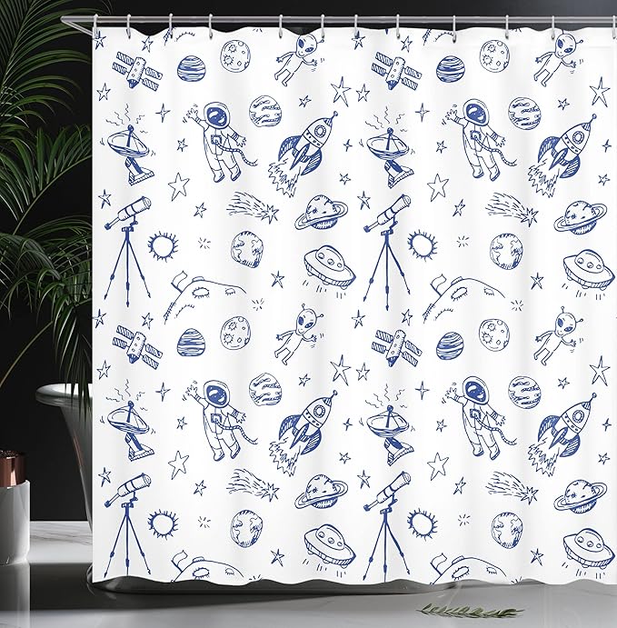 Ambesonne Sketchy Shower Curtain, Original Outer Space Featured Celestial Planetary Solar System Properties Graphic, Cloth Fabric Bathroom Decor Set with Hooks, 69" W x 84" L, White Azure