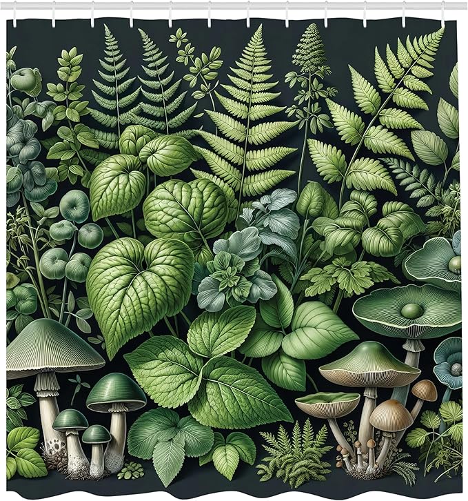 Ambesonne Botanical Shower Curtain, Fantasy Forest Jungle Themed Fern Leaves and Mushroom Jumble Design Nature, Cloth Fabric Bathroom Decor Set with Hooks, 69" W x 84" L, Pistachio Green