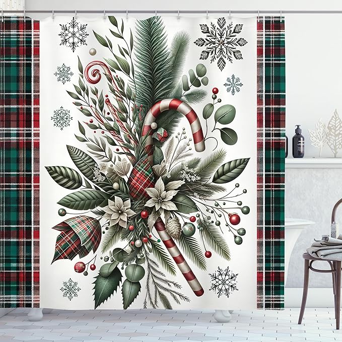 Ambesonne Christmas Shower Curtain, Plaid Laces and Xmas Traditional Ornate with Pine Leaves and Candies, Cloth Fabric Bathroom Decor Set with Hooks, 69" W x 75" L, Vermilion Beige Green