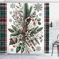 Ambesonne Christmas Shower Curtain, Plaid Laces and Xmas Traditional Ornate with Pine Leaves and Candies, Cloth Fabric Bathroom Decor Set with Hooks, 69" W x 84" L, Vermilion Beige Green