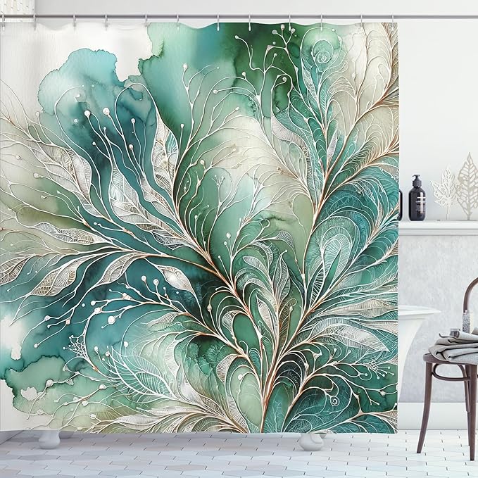Ambesonne Teal Shower Curtain, Abstract Marble Print Design of Greenery Clouds and Dreamy Leafy Peduncles, Cloth Fabric Bathroom Decor Set with Hooks, 69" W x 70" L, Cadet Blue Dark Khaki