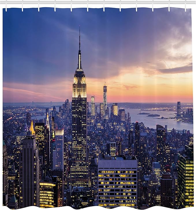 Ambesonne Modern Shower Curtain, New York City Skyline with Skyscrapers at Sunset Night American Urban Life Image, Cloth Fabric Bathroom Decor Set with Hooks, 69" W x 70" L, Orange Blue