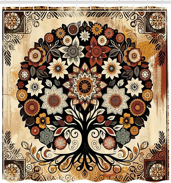 Ambesonne Boho Floral Shower Curtain, Vintage Exotic Tree of Life Inspired Paint on Rusty Weathered Print, Cloth Fabric Bathroom Decor Set with Hooks, 69" W x 75" L, Mustard Beige Cinnamon