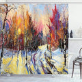 Ambesonne Country Shower Curtain, Pastel Color Paint of Sunset in Old Town Winter Pastoral Countryside Landscape, Cloth Fabric Bathroom Decor Set with Hooks, 69" W x 84" L, Pastel Yellow
