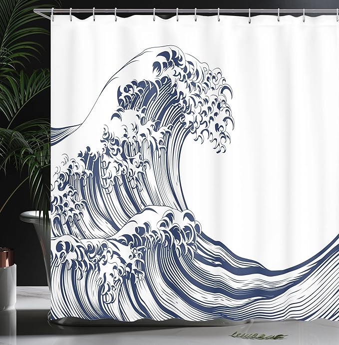 Ambesonne Japanese Wave Shower Curtain, Oriental Vintage Wave Monochrome Kanagawa Inspired Antique Art, Cloth Fabric Bathroom Decor Set with Hooks, 69" W x 70" L, Navy Blue