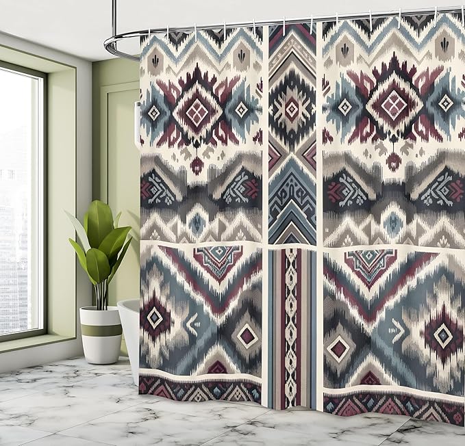 Ambesonne Ethnic Shower Curtain, Folk Geometric Zigzag and Abstract Shapes with Southwestern Inspirations, Cloth Fabric Bathroom Decor Set with Hooks, 69" W x 75" L, Blue Grey Plum Dimgray