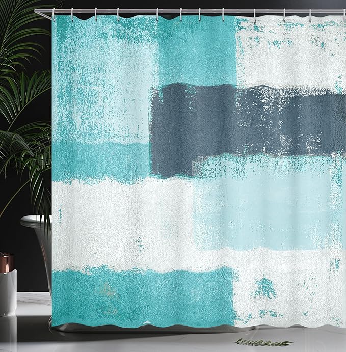 Ambesonne Abstract Shower Curtain Sets with Hooks for Nautical Bathroom Decor Essential Accessories Abstract Grunge Style Brushstrokes Painting Contemporary Illustration 69" W x 70" L, Turquoise Aqua