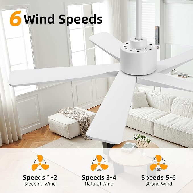 WINGBO 48" DC Ceiling Fan No Light - 5 Carved Solid Wood Blades, 6-Speed Reversible DC Motor, Ceiling Fan without Lights for Living Room Bedroom Kitchen Patio, Indoor and Outdoor, Gloss White