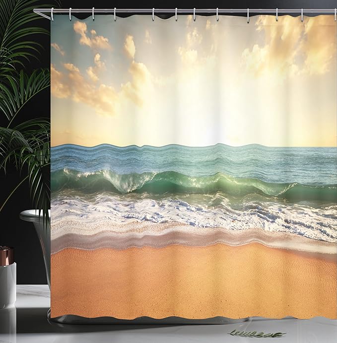 Ambesonne Ocean Shower Curtain, Sunset at a Smooth Sandy Beach with Small Wave and Bubbles from The Sea, Cloth Fabric Bathroom Decor Set with Hooks, 69" W x 70" L, Amber Cream