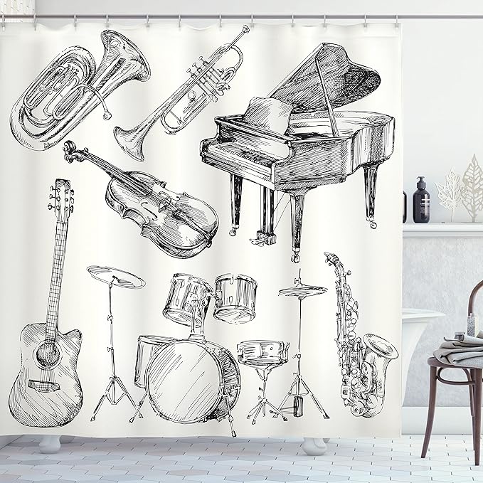 Ambesonne Jazz Music Shower Curtain, Illustration of Musical Instruments Sketch Style Art Trumpet Piano Guitar, Cloth Fabric Bathroom Decor Set with Hooks, 69" W x 75" L, Beige Black