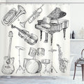 Ambesonne Jazz Music Shower Curtain, Illustration of Musical Instruments Sketch Style Art Trumpet Piano Guitar, Cloth Fabric Bathroom Decor Set with Hooks, 69" W x 75" L, Beige Black