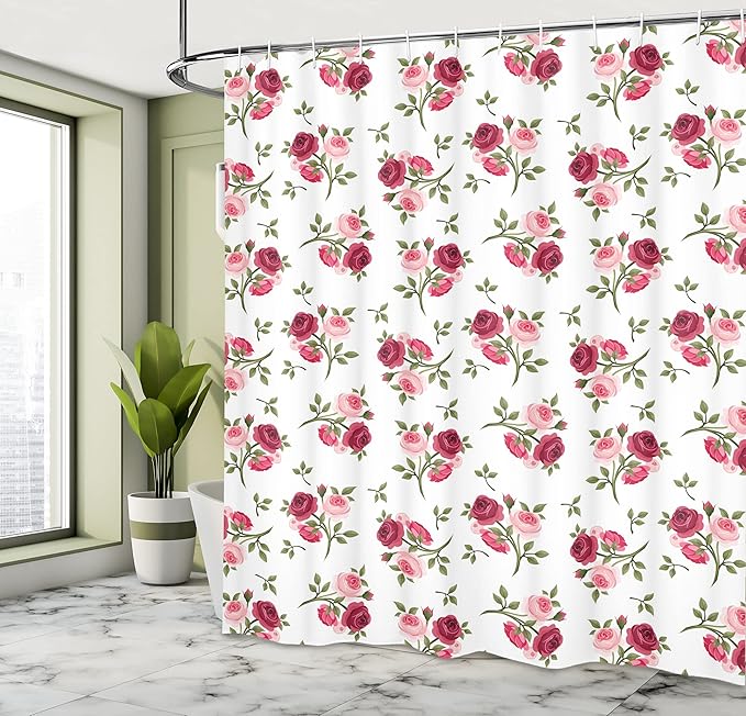 Ambesonne Rose Shower Curtain, Pattern with Rose Stems Flowers Garden Classic English Style Design Print, Cloth Fabric Bathroom Decor Set with Hooks, 69" W x 75" L, Pink Fern