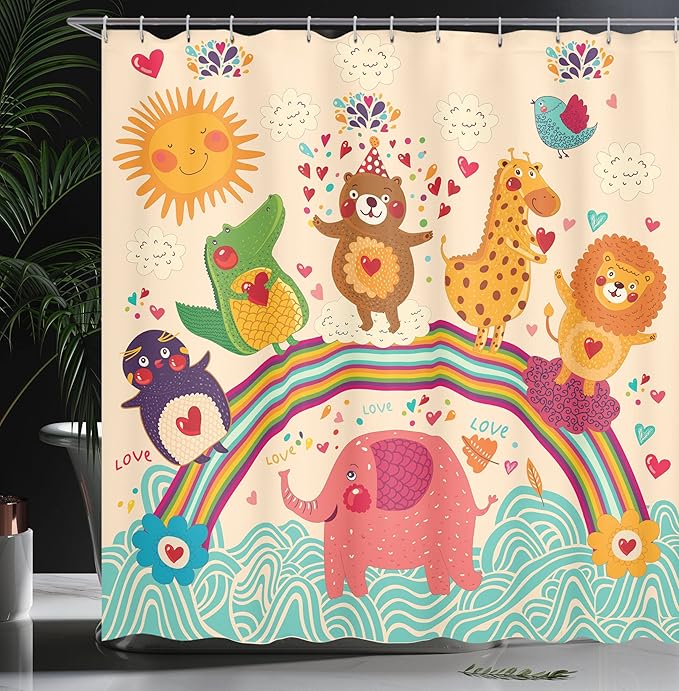 Ambesonne Cartoon Shower Curtain, Happy Animals Bear Lion Crocodile Birds on Rainbow Drawing Effect, Cloth Fabric Bathroom Decor Set with Hooks, 69" W x 75" L, Orange Green
