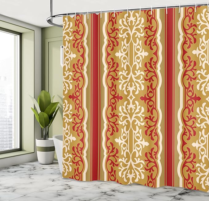 Ambesonne Orient Shower Curtain, Exotic Swirl Floral Ornament Branches Motif Orient Art Illustration, Cloth Fabric Bathroom Decor Set with Hooks, 69" W x 75" L, Pale Coffee Cream and Ruby