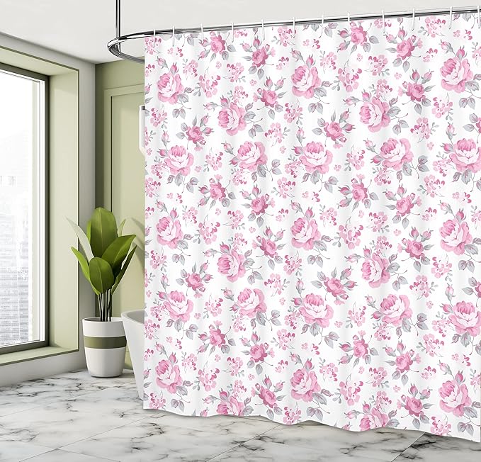 Ambesonne Shabby Flora Shower Curtain, Pink Roses with Grey Leaves Garden Bedding with Plants and Spring Blossoms Work of an Art, Cloth Fabric Bathroom Decor Set with Hooks, 69" W x 84" L, Light Pink