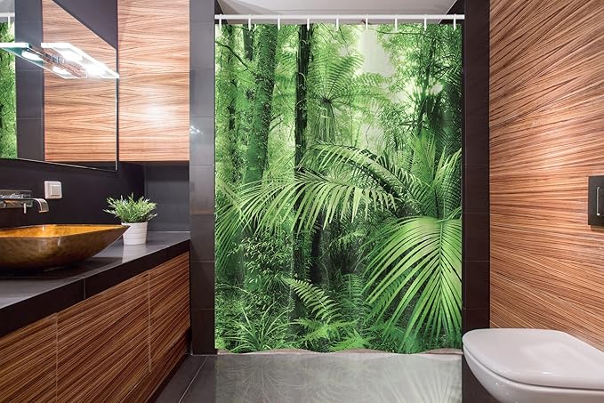 Ambesonne Rainforest Stall Shower Curtain, Palm Trees and Exotic Plants in Tropical Jungle Wild Nature Theme Illustration, Fabric Bathroom Decor Set with Hooks, 54" W X 78" L, Green Forest