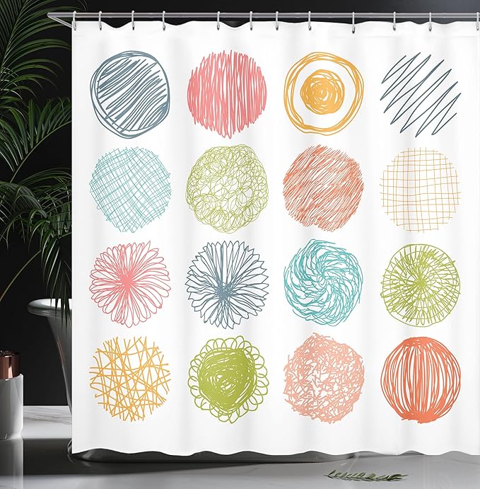 Ambesonne Colorful Shower Curtain, Doodle Style Scribble Composition Circles Stripes Joyful Illustration, Cloth Fabric Bathroom Decor Set with Hooks, 69" W x 75" L, Orange Coral