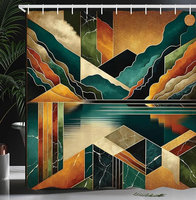 Ambesonne Mid Century Modern Shower Curtain, Lake Mountains and Cloudy Sky Surreal Boho Marble Print Landscape, Cloth Fabric Bathroom Decor Set with Hooks, 69" W x 70" L, Ginger Dark Teal
