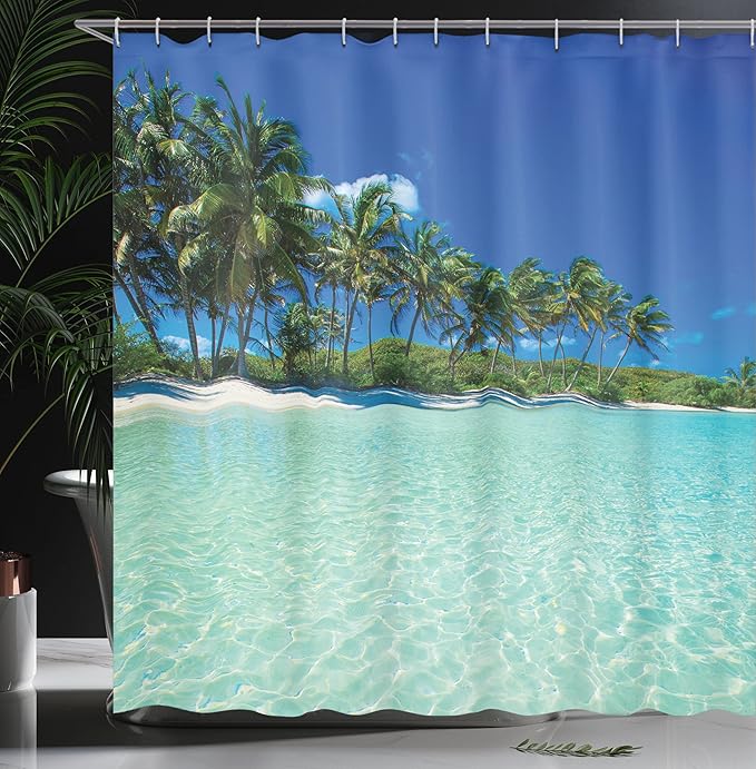 Ambesonne Ocean Shower Curtain, Sunny Day in a Tropical Island with Palm Trees and Ocean Heaven Calm Lands Image, Cloth Fabric Bathroom Decor Set with Hooks, 69" W x 75" L, Green Turquoise