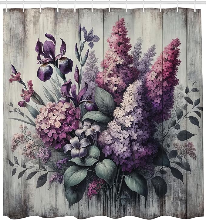 Ambesonne Lavender Shower Curtain, Nostalgia Farmhouse Blooming Iris Floral Purplish with Leaves Greenery, Cloth Fabric Bathroom Decor Set with Hooks, 69" W x 84" L, Dark Cadet Blue Indigo