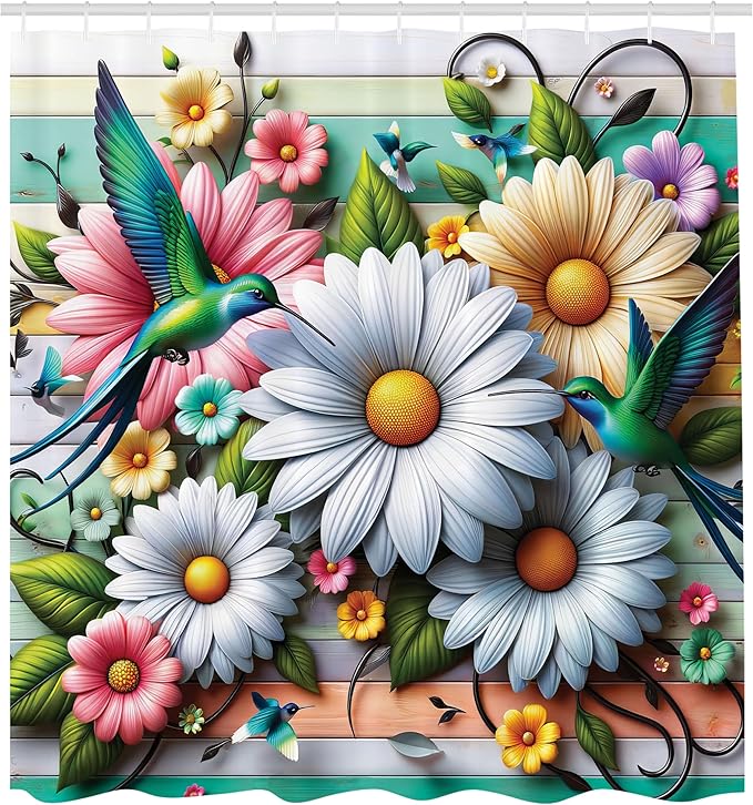 Ambesonne Spring Shower Curtain, Whimsical Bold Colorful Hummingbirds and Daisy Flowers on Wooden Planks Back, Cloth Fabric Bathroom Decor Set with Hooks, 69" W x 75" L, Teal Lilac Green