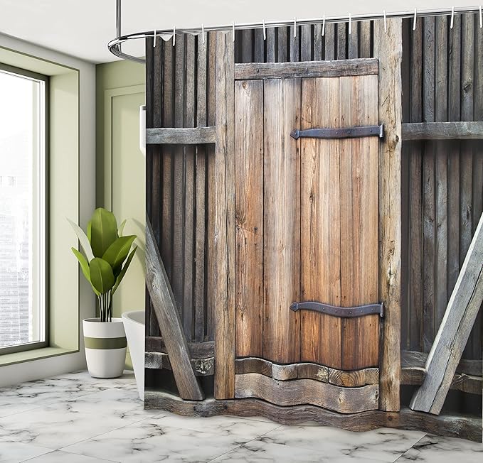 Ambesonne Antique Shower Curtain, Rustic Antique Wooden Door Exterior Facades Rural Barn Timber Weathered Display, Cloth Fabric Bathroom Decor Set with Hooks, 69" W x 84" L, Brown Orange