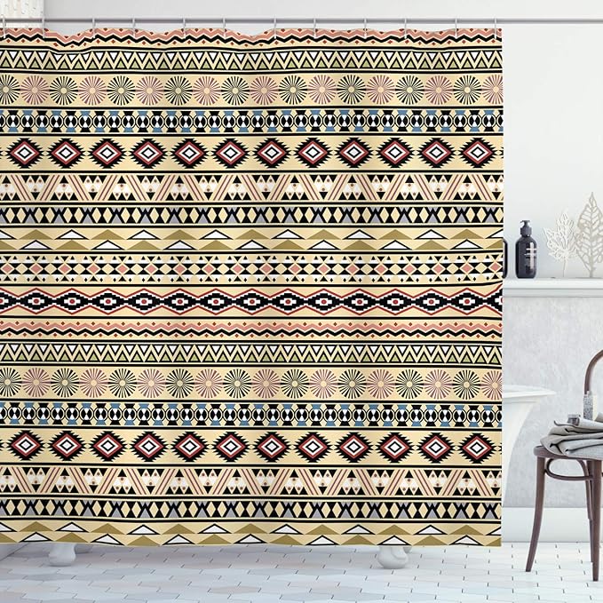 Ambesonne Tribal Shower Curtain, Traditional South American Culture Aztec Tribal Print in Retro Soft Color, Cloth Fabric Bathroom Decor Set with Hooks, 69" W x 70" L, Pastel Cream