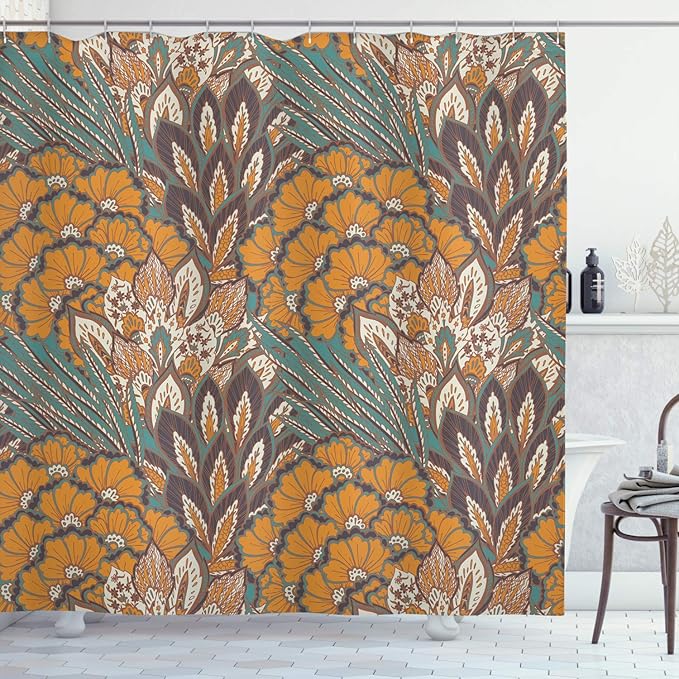 Ambesonne Floral Shower Curtain, Pattern of Flowers and Peacock Feathers Floral Arrangement Art, Cloth Fabric Bathroom Decor Set with Hooks, 69" W x 70" L, Petrol Blue Pale Coffee