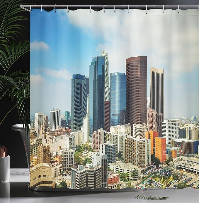 Ambesonne USA Shower Curtain, Los Angeles Cityscape on a Sunny Day Colorful Office High Rise Buildings Streets Scene, Cloth Fabric Bathroom Decor Set with Hooks, 69" W x 75" L, Blue Brown