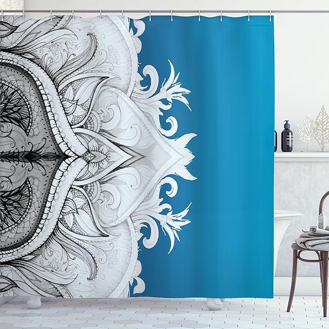 Ambesonne Mandala Shower Curtain, Traditional Ornamental Lace Border Swirled Flower Lines Eastern Folk Artwork, Cloth Fabric Bathroom Decor Set with Hooks, 69" W x 75" L, Blue Dust