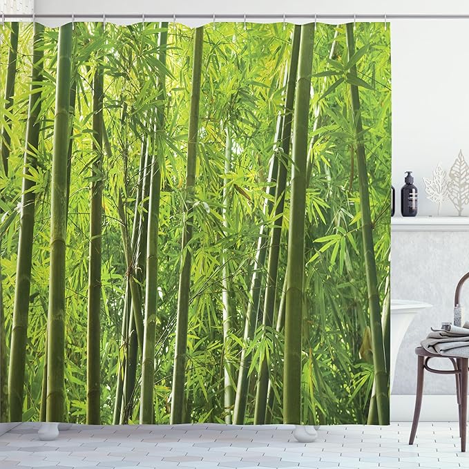 Ambesonne Bamboo Print Shower Curtain, Exotic Tropical Forest Fresh Color Nature Wild Trees and Leaves, Cloth Fabric Bathroom Decor Set with Hooks, 69" W x 70" L, Forest Green